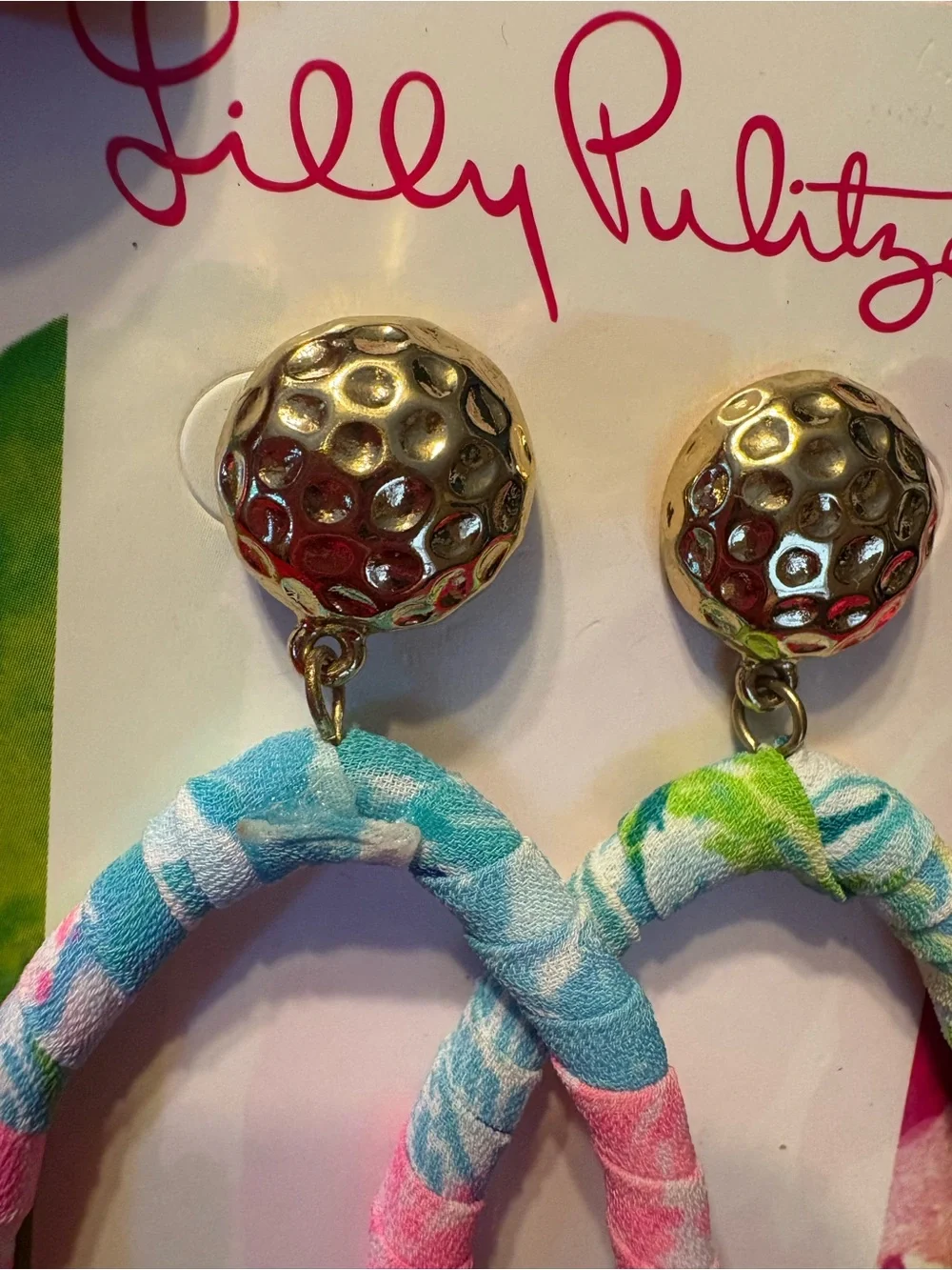 Lilly Pulitzer Pink Blue Green Floral Fabric-Wrapped Hoop Earrings
